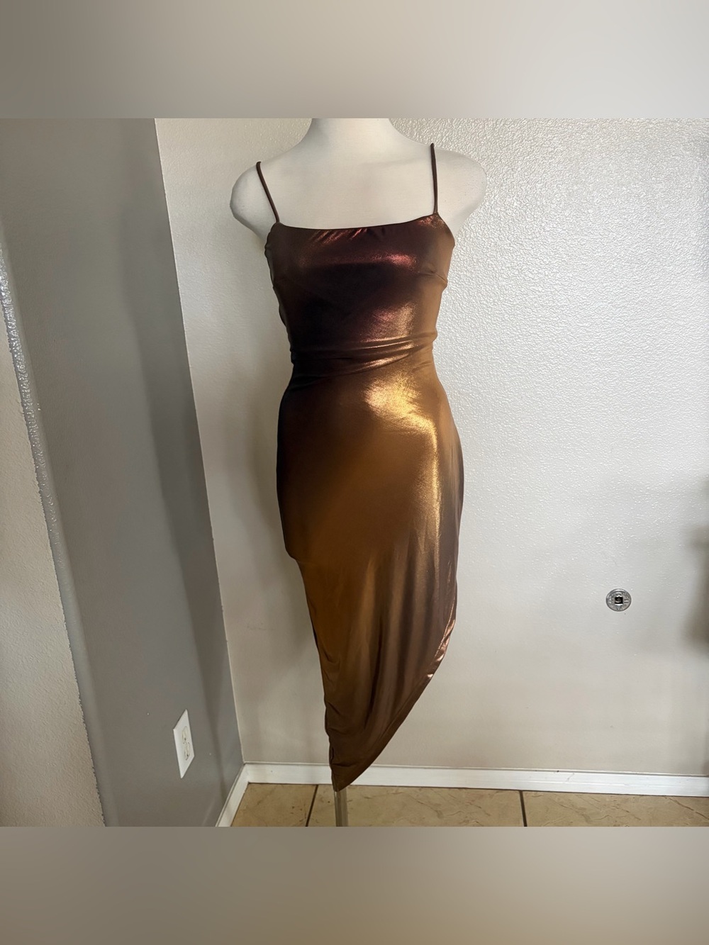 Lovely Day Metallic Bronze-Gold Asymmetrical Slip Dress - Picture 6 of 11